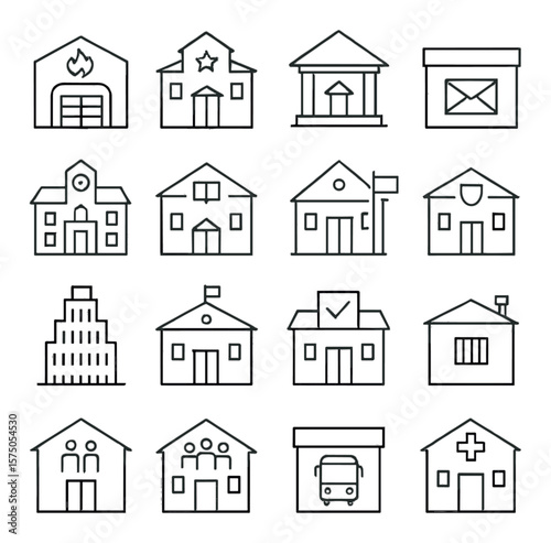Public Service Buildings line art icons. Fire station, police department, courthouse, post office, city hall, public library, embassy building, customs office, government tower,
