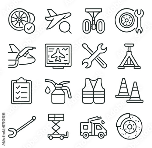 Aircraft maintenance line art icons. engine check, wing inspection, landing gear test, tire change, fuel refill, avionics diagnostics, maintenance tools, aircraft jack, checklist