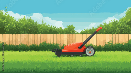 Lawnmower on Smooth Green Lawn with Wooden Border