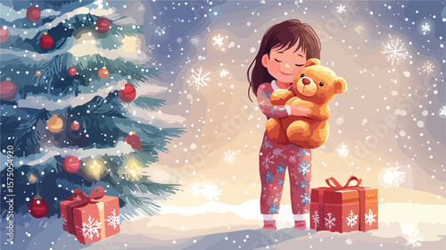 Sweet Little Girl in Pajamas Lovingly Embracing Teddy Bear