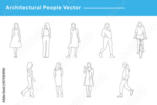 CAD Drawing. Vector illustration of businesswoman, standing walking in front back and side view. Symbol for architecture and landscape design drawing.