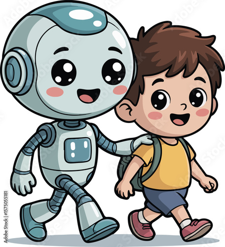 Robot and Boy Walking Together Friendship and Technological Bond
