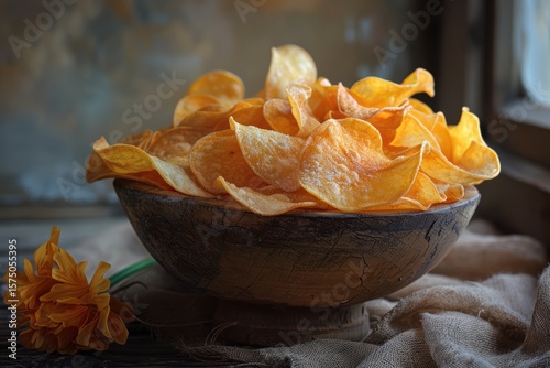 Close-up of crispy potato chips in a bag, perfect for snacking with calorie and cholesterol details, highlighting this crunchy junk food