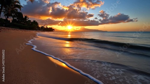 Golden hour sunset over a sandy beach with gentle waves reflecting the warm sunlight. Clouds and trees in silhouette create a serene coastal scene