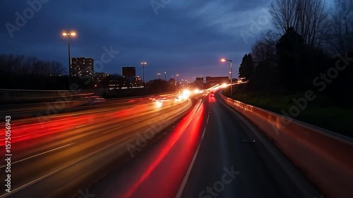 Nighttime long exposure of a highway with streaks of car lights and city lights against a dark blue sky creates a feeling of motion