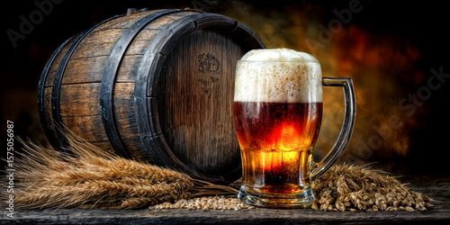 A tall glass of frothy beer sits proudly next to a rustic barrel. Barley and wheat surround the glass, creating a cozy atmosphere ideal for craft beverage lovers.