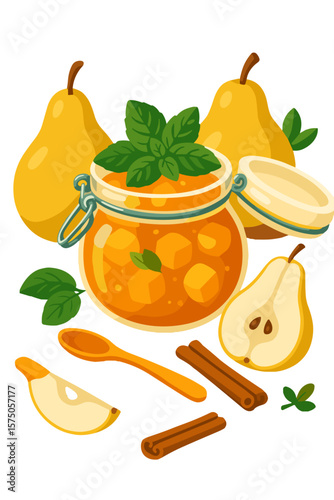 Vector illustration of pear jam in a jar with cinnamon sticks and fresh fruit, flat style, in warm yellow and green tones, homemade preserves and autumn harvest concept