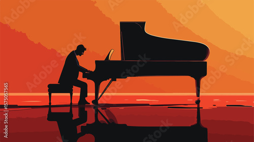 Elegant Pianist Performing on Grand Piano - Vector Illustration