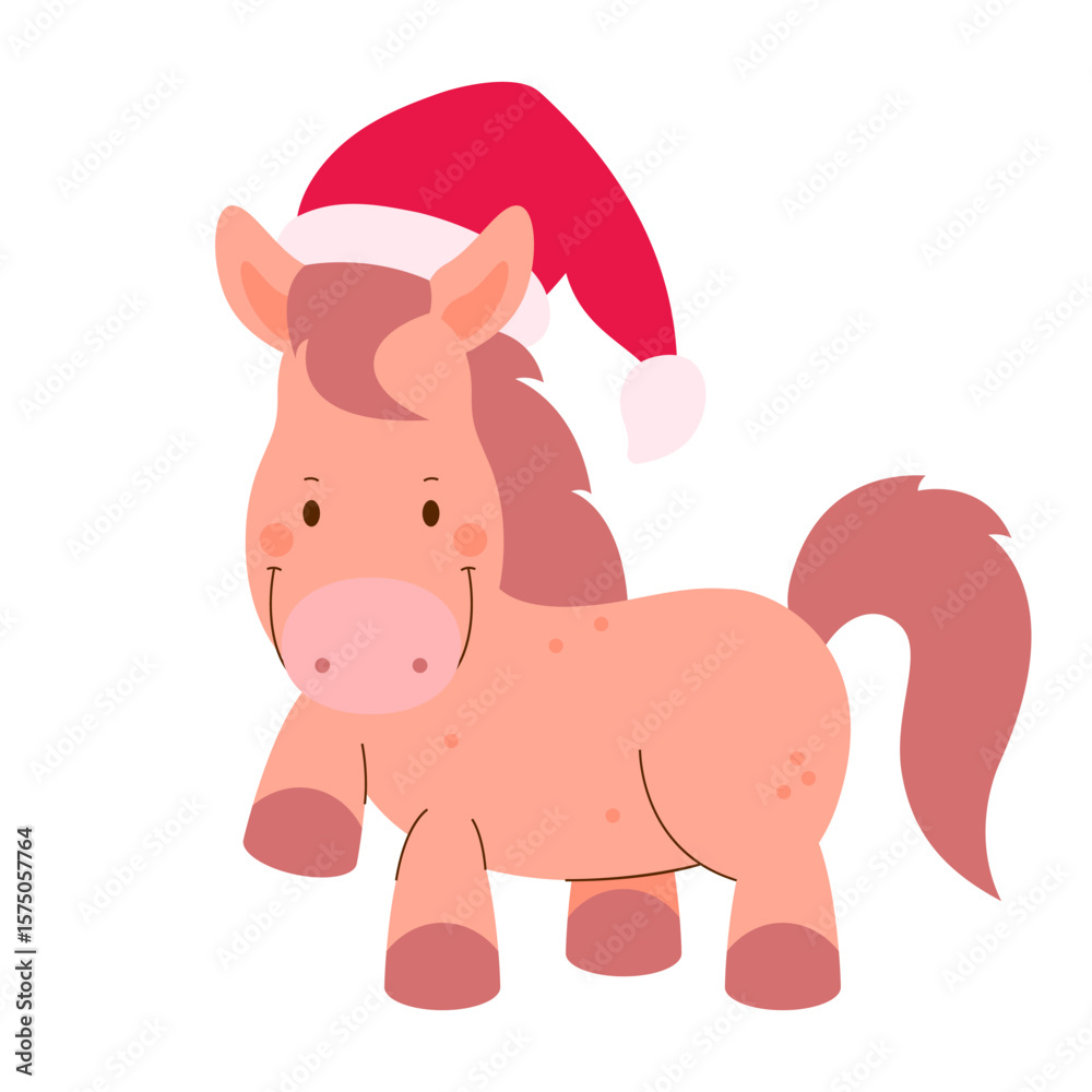 Fototapeta premium Cute cartoon horse with Red Santa hat. Asian zodiac sign, symbol. 2026 Chinese New Year card, banner, poster, horoscope element