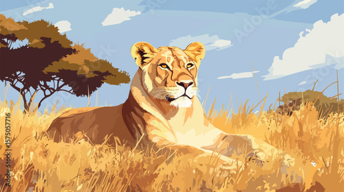 Majestic Lioness Resting in African Wilderness