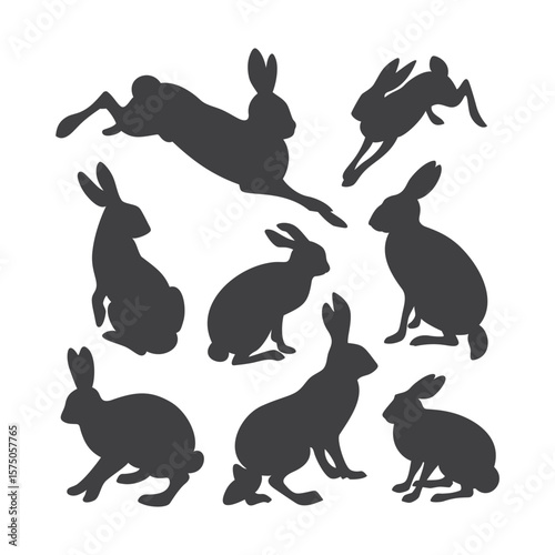 Set of black silhouettes of different breeds of hares