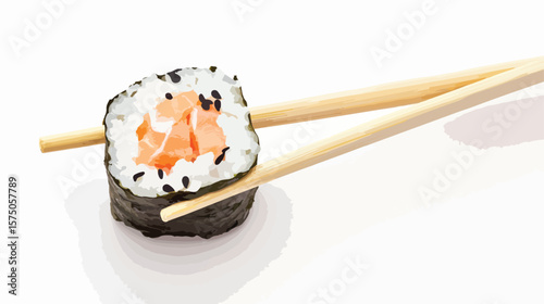 Delicious Maki Sushi Roll with Fresh Salmon on Chopsticks