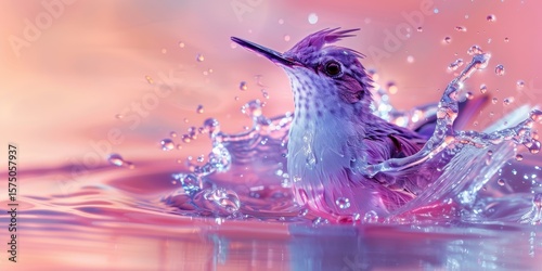 An abstract depiction of a violet bird in flight created from water