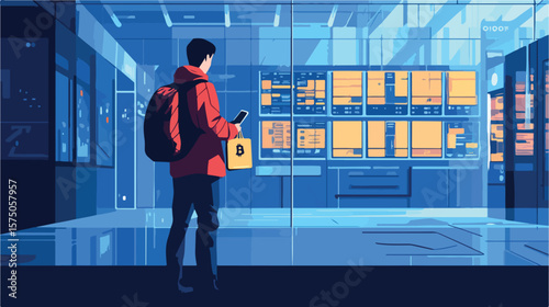Man Buying Cryptocurrency - Vector Illustration for Finance