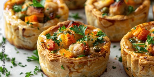 Delicious meat pot pies served on plates against a neutral backdrop