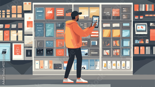 Virtual Shopping Experience with Man in Flat Vector Illustration