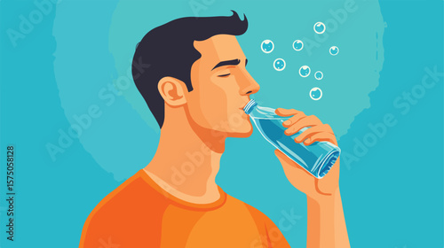 Hydrated man drinking water flat vector illustration