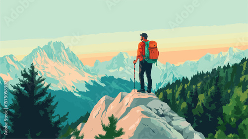 Adventurous Man Hiking Mountain Trail with Backpacks
