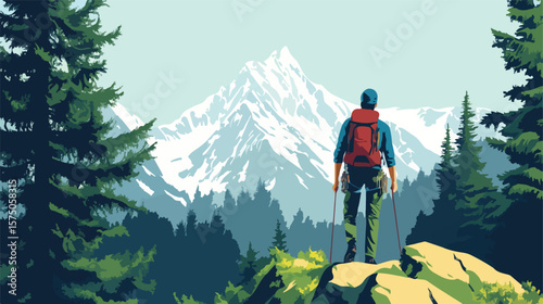 Adventurous man conquers mountain while climbing through lush forest