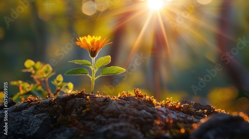 Small blossom on a brown, lifeless tree illuminated by the final rays of sunset