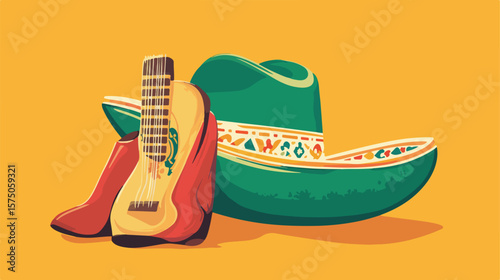 Mexican Independence Day Festive Attire with Hat, Guitar, and Beverage