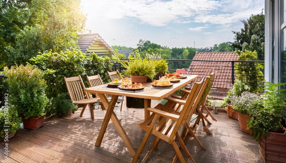 plants and wooden chairs at table with food on terrace of house in the summer plants and wooden chairs at table with food on terrace of house in the summer