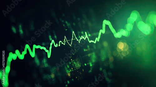 Abstract digital chart with bright green lines showing fluctuating financial data on a dark background with glowing particles. Generative by AI