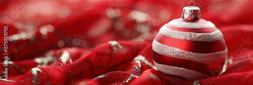 Decorative orbs against a red fabric backdrop, highlighting the striped ornament