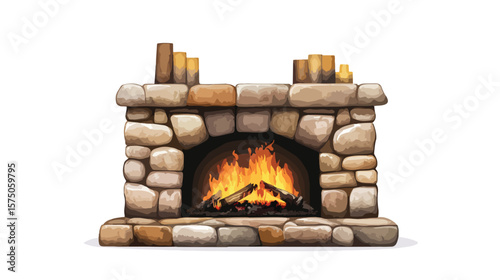Modern Stone Fireplace with Hot Flame Vector Illustration