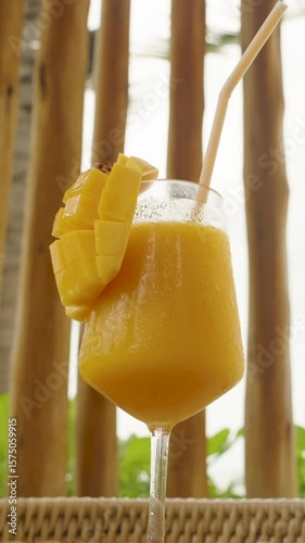 Vertical video. Full glass of mango smoothie with large bamboo straw and mango garnish on wicker table with palm trees behind, mid shot, Tropical Vacation Concept