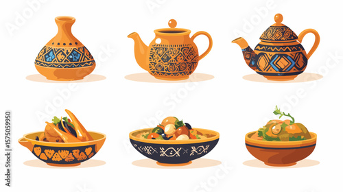 Exquisite Moroccan Food and Traditional Arabic Pottery Display