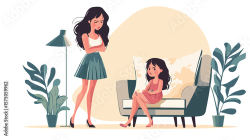 Frustrated Mother Scolding Naughty Daughter in Flat Vector Illustration