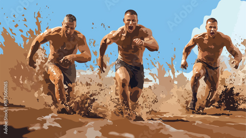 Muscular Men Racing with Determination in Winning Mud Race