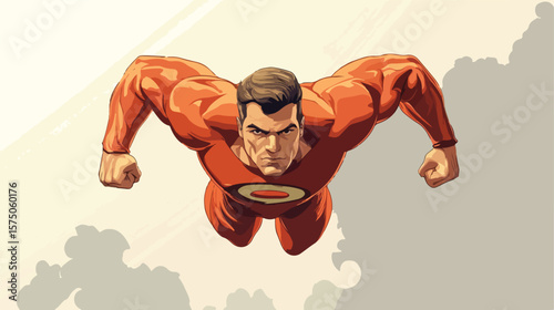 Muscular Superhero Flying with Strength and Speed