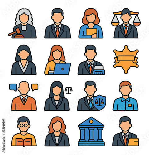 Legal Professions modern flat .Judge icon, attorney figure, paralegal symbol, prosecutor icon, defense lawyer, legal assistant, court reporter, bailiff badge, mediator figure,