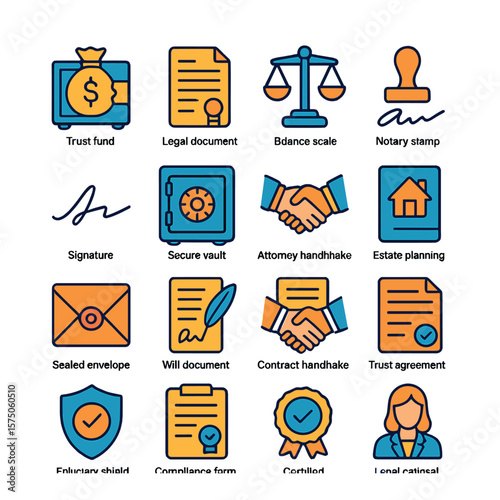 Legal and Financial Trust modern flat .Trust fund icon, legal document, balance scale, notary stamp, signature icon, secure vault, attorney handshake, estate planning file, sealed