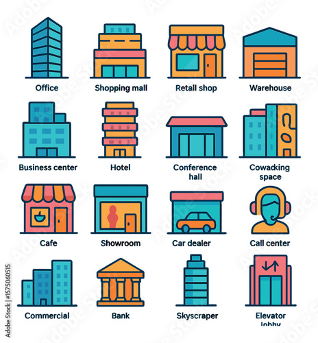 Commercial Buildings modern flat .Office tower, shopping mall, retail shop, warehouse, business center, hotel building, conference hall, coworking space, cafe storefront, showroom