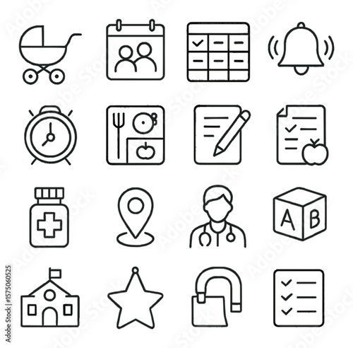 Family planning icons line art icons. stroller, family calendar, chore chart, alarm bell, bedtime clock, meal tray, homework note, grocery reminder, medicine bottle, event pin,