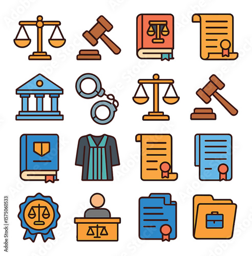 Justice and Law modern flat .Scales of justice, gavel, law book, legal scroll, courthouse, handcuffs, balance scale, legal hammer, constitution icon, legal code, judge robe,