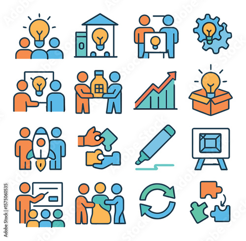 Innovation Together modern flat .Group idea bulb, innovation hub, brainstorming board, innovation gears, shared sketch, product co-design, breakthrough graph, open idea box,
