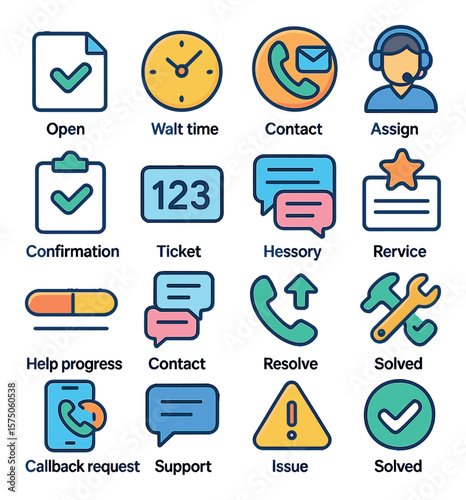 Support Request Process modern flat .Open ticket icon, wait time clock, contact method selector, assign agent, confirmation icon, ticket number, message history, service rating,
