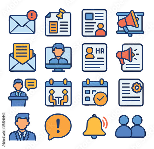 Corporate Updates modern flat .Email alert, office memo, company news icon, announcement board, internal newsletter, CEO message, HR bulletin, press release, corporate speaker,