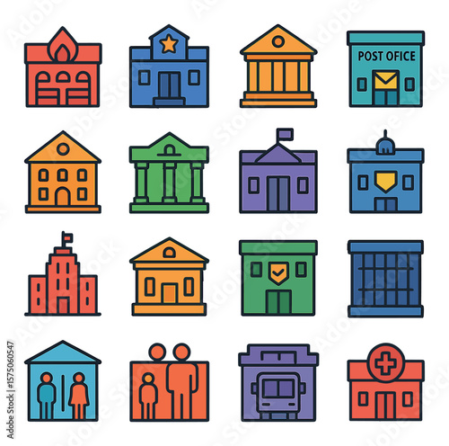 Public Service Buildings modern flat .Fire station, police department, courthouse, post office, city hall, public library, embassy building, customs office, government tower, town