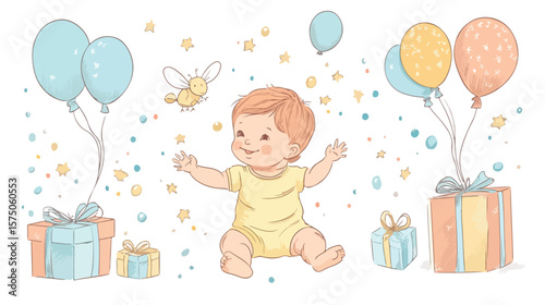 Cute Newborn Baby Playing with Fly Gifts and Balloon