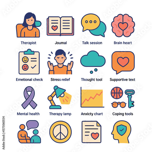 Mental Health Support modern flat .Therapist icon, open journal, talk session bubble, brain with heart, emotional check-in, stress relief icon, thought cloud, supportive text,