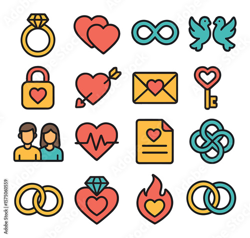 Symbolic Love Icons modern flat .Wedding ring, intertwined hearts, infinity loop, doves pair, love lock, cupid arrow, heart envelope, heart key, soulmate icon, heart rhythm,