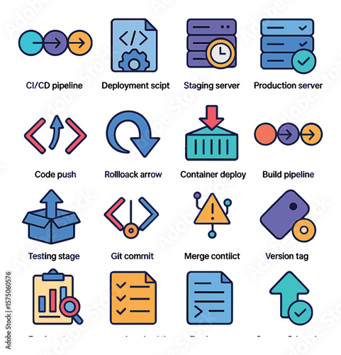Software Deployment modern flat .CI/CD pipeline, deployment script, staging server, production server, code push icon, rollback arrow, container deploy, build pipeline, release