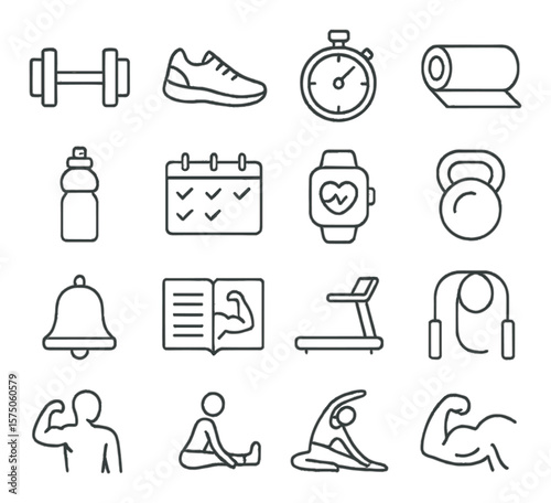 Fitness planner items line art icons. dumbbell, running shoe, stopwatch, yoga mat, water bottle, calendar with workout marks, heart rate watch, kettlebell, reminder bell, fitness