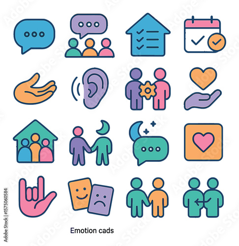 Family Communication modern flat .Talk bubble, family group chat, house rules icon, calendar reminder, open hand icon, listening ear, conflict resolution, empathy heart, family