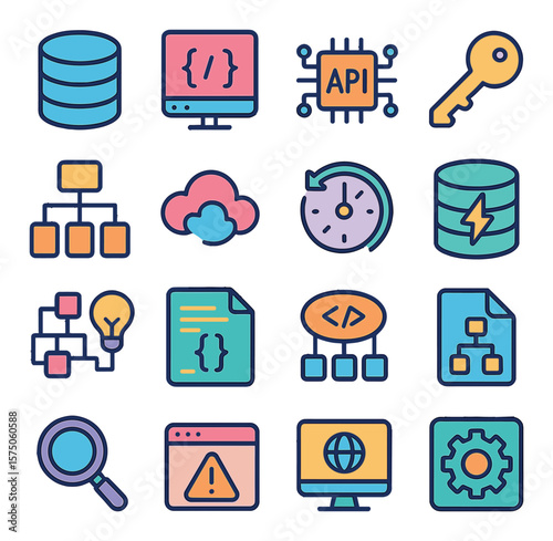Backend Development modern flat .Database icon, server function, API call, authentication key, data model, REST endpoint, cron job, cache database, business logic, backend script,